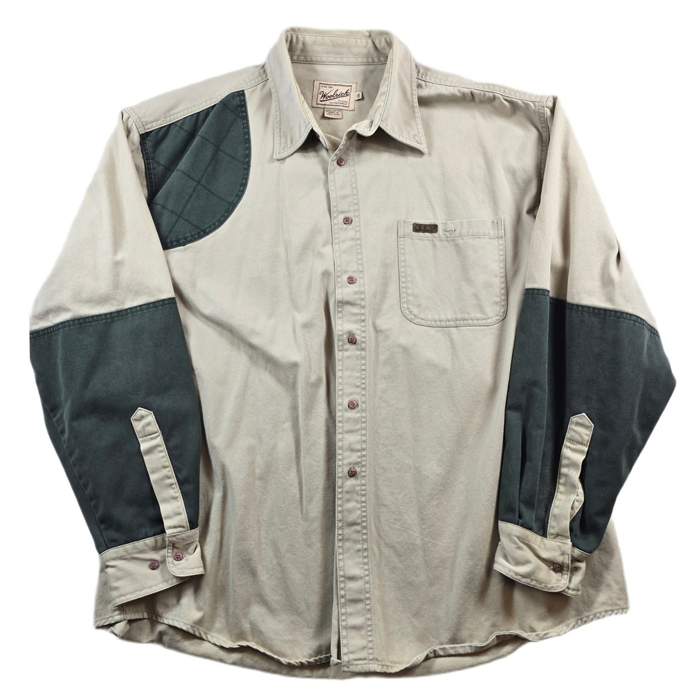 Vintage Woolrich Shooting Shirt Mens 2XL Tan Twill Quilted Patch Hunting Field